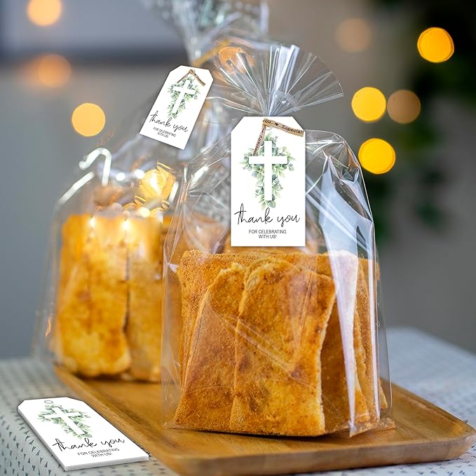 Thank You for Celebrating with Us Tag, 50 Pcs Baptism Lables, 2x3 Inch Baptism Gift Tags with String for Wedding Birthday Baby Shower Bridal Shower, Party Decoration, Cross Eucalyptus-A03