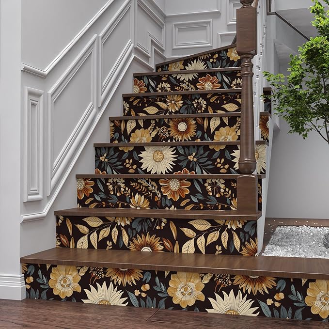 Boho Floral Wallpaper Peel and Stick, Vintage Dark Sunflower Contact Paper for Bathroom Cubicle Drawer, Retro Abstract Removable Antique Flower Wall Paper Art Decor Black Orange 17.5" x 118"