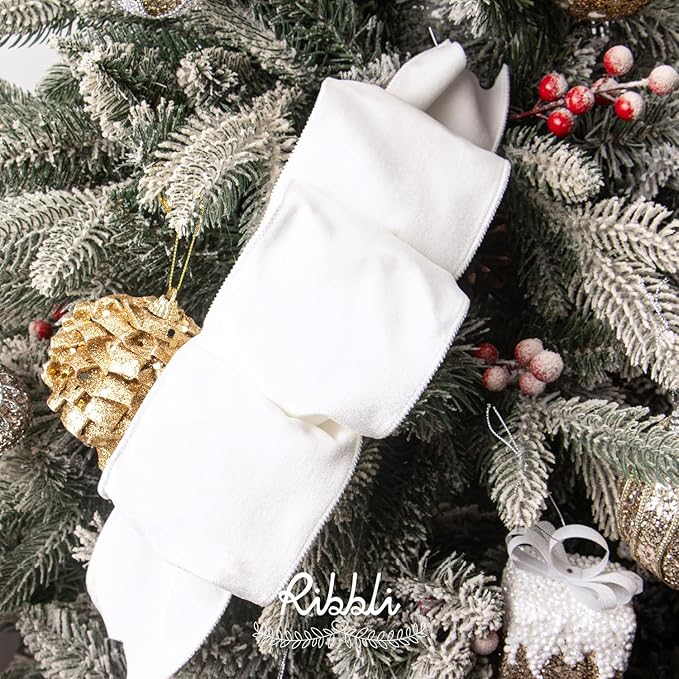 Ribbli White Velvet Wired Ribbon 4 Inch Velvet with Satin Christmas Ribbon for Gift Wrapping Christmas Tree Decoration Crafts Wreaths Supplies-Continuous 10 Yards