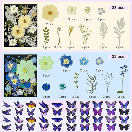 142Pcs Dried Flowers, Dried Pressed Flowers for Crafts, Natural Dried Pressed Flowers for Resin with DlY Butterfly Stickers&Tweezers for Photo Frames, Scrapbooks, Candles, Jewelry Making, Resin Molds
