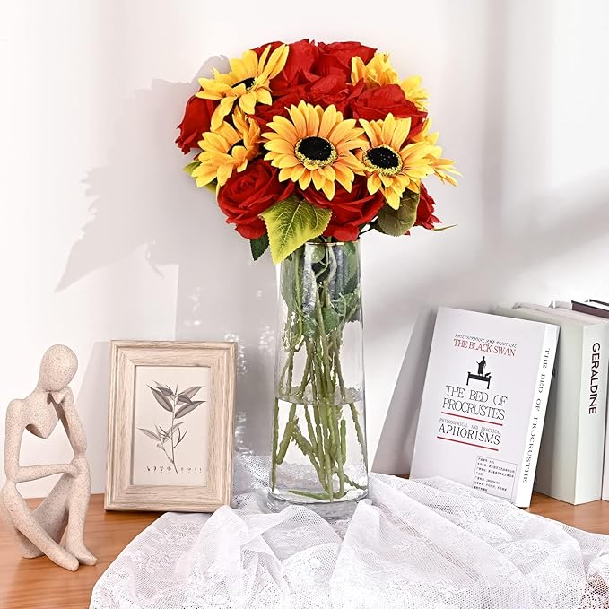 Waipfaru 16 Pcs Fake Roses Sunflowers Artificial Flowers Bulk, Silk Red Roses Yellow Flowers Artificial with Long Stems for Outdoors Wedding Bouquet Vase Flower Arrangement Decoration