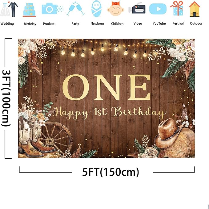 SVBright Western Cowgirl First Birthday Backdrop 5Wx3H One Year Old West Rustic Pampas Grass Country Wooden Flower Retro Boots Hat Decorations Photography Background Banner Photo Booth Studio