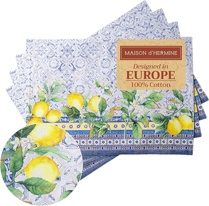 Maison d' Hermine Placemats Set of 4 100% Cotton Washable Cloth Place Mats, Reusable Table Mats for Kitchen Dining Decoration, Party, Wedding, Restaurant Spring/Summer (Citrus, 13" x 19")