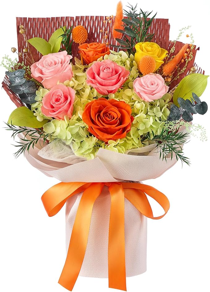 Forever Flowers Gifts for Her, Preserved Flowers Bouquet Birthday Gifts for Women, Preserved Roses for Grandma Wife Anniversary Valentine's Day Mother's Day (7Roses, Orange)