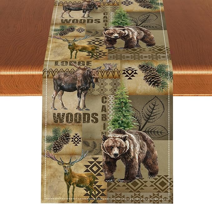 Rustic Cabin Table Runner, Farmhouse Deer Bear Retro Pine Forest Native Aztec Wild Animal Seasonal Coffee Table Center Decor for Home Kitchen Dining Patio Holiday Party Table Decorations 13x90 inches