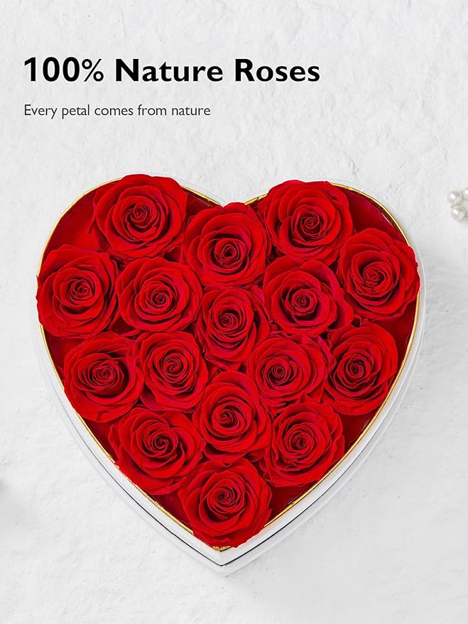 Eterfield 16 Forever Flowers in Heart Shape Box, Preserved Roses That Last a Year Preserved Flowers Birthday Gifts for Her Mom Women Wife Anniversary Valentines Day Mothers Day Christmas, Red