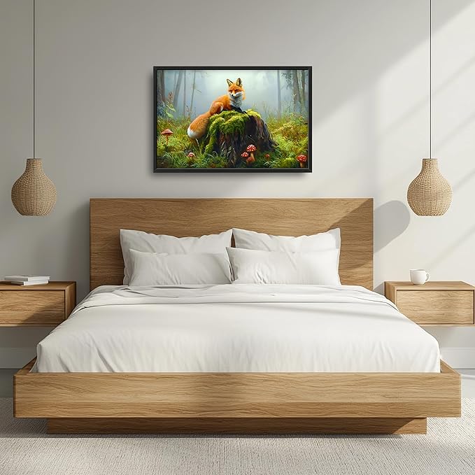 Forest Fox Large Wall Art Framed Rustic Wall Decor for Living Room Fox Mushroom Pictures Oversized Canvas Print Painting Modern Extra Large Framed Artwork for Bedroom Office 36"x24"