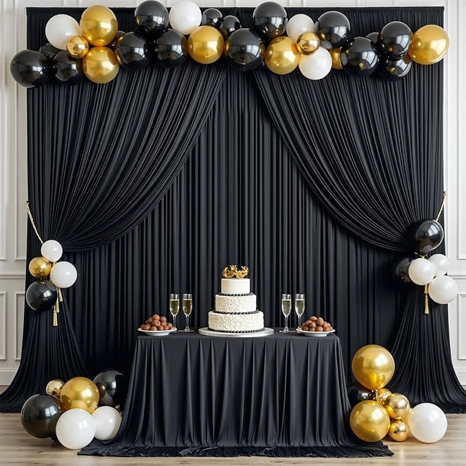gogoparti 10 ft × 12 ft Black Backdrop Curtain for Wedding Parties, 2 Panels Wrinkle-Free 12 FT Long Polyester Photo Backdrop Drapes for Birthday, Baby Shower, Halloween Photography Background