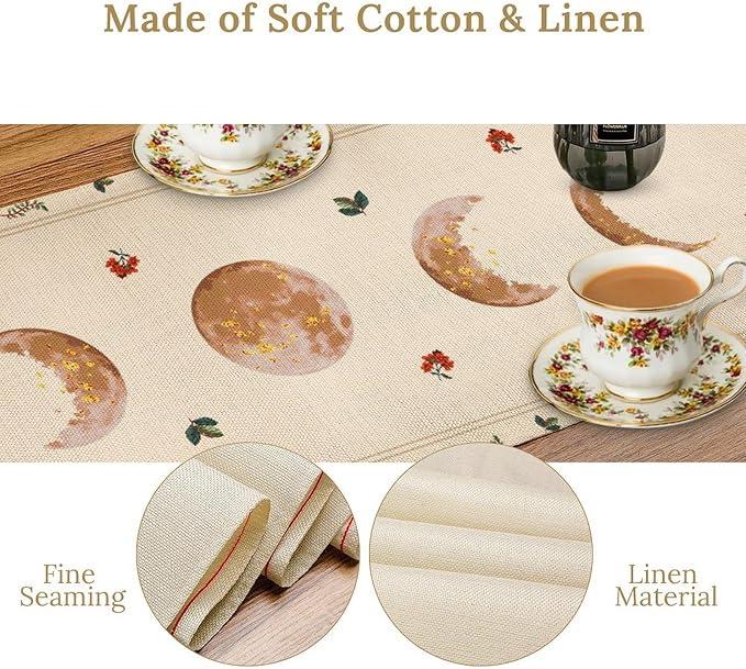 Gothic Moth Table Runner, Boho Floral Gothic Sun Moon Phase Mystical Witchy Starlight Coffee Table Center Decor for Home Kitchen Dining Patio Holiday Party Table Decorations 13x72 inches