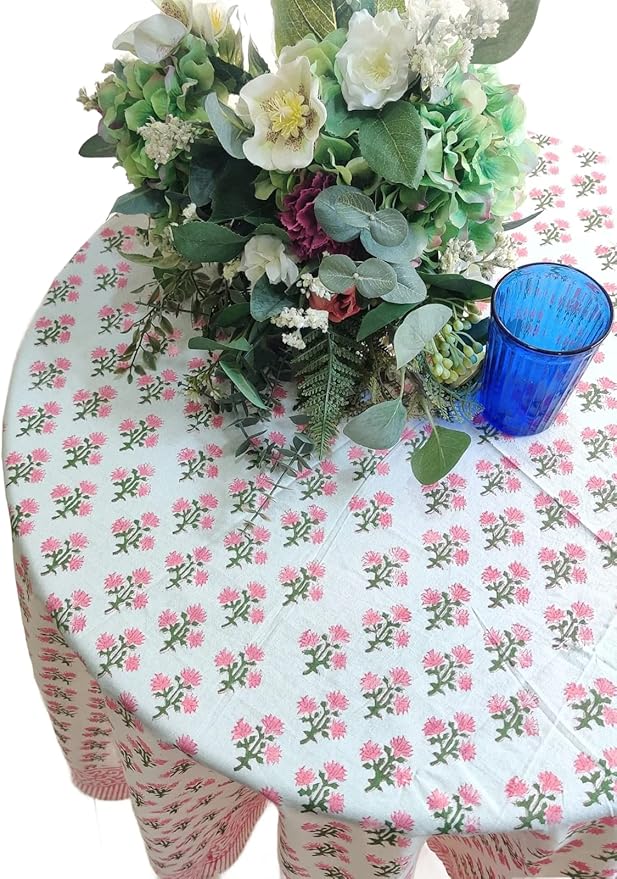 ATOSII Gulbahar White Pink 100% Cotton Spring Summer Round Tablecloth, Block Print Table Cloth for Dining, Weddings, Outdoors, Parties, Grand Millenial Home Decor 72" Inches I