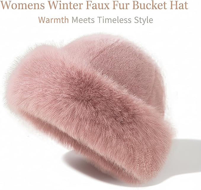 Womens Winter Faux Fur Bucket Hat, Fluffy Fisherman Fuzzy Bucket Hat