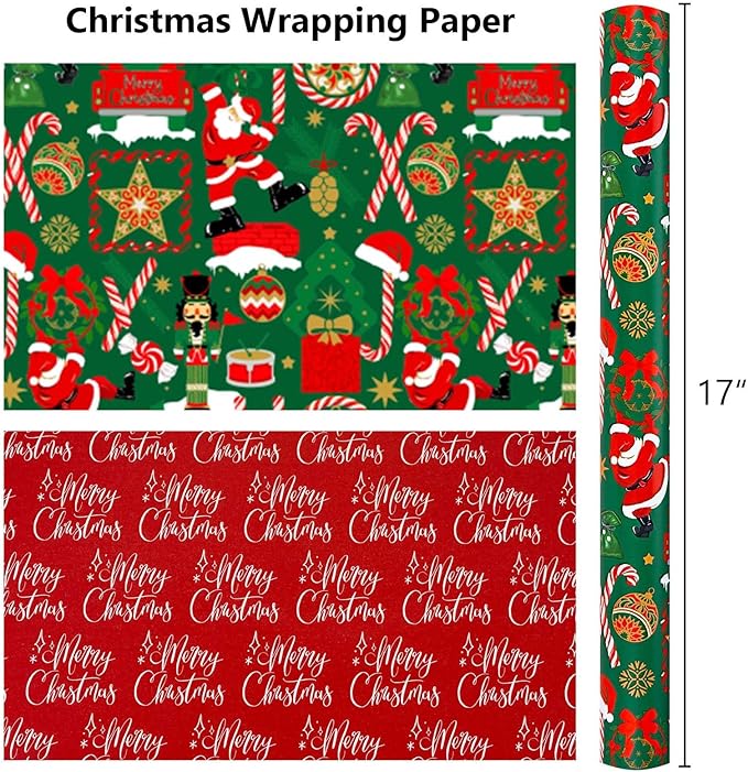 MAYPLUSS Christmas Nutcracker Wrapping Paper Roll - 17 Inch X 33 Feet - Metallic Gift Wrapping Paper Christmas Tree Holly Santa Claus Candy Cane Reversible Snowflakes for Holiday Party New Year Kids