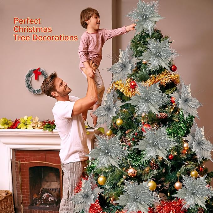 10'' Large Christmas Glitter Poinsettia Flowers Decorations, stadeco 10 Pcs Christmas Tree Picks Ornaments Artificial Flowers with Long Stems for Xmas Tree Wreath Garland Wedding Party DIY Decor