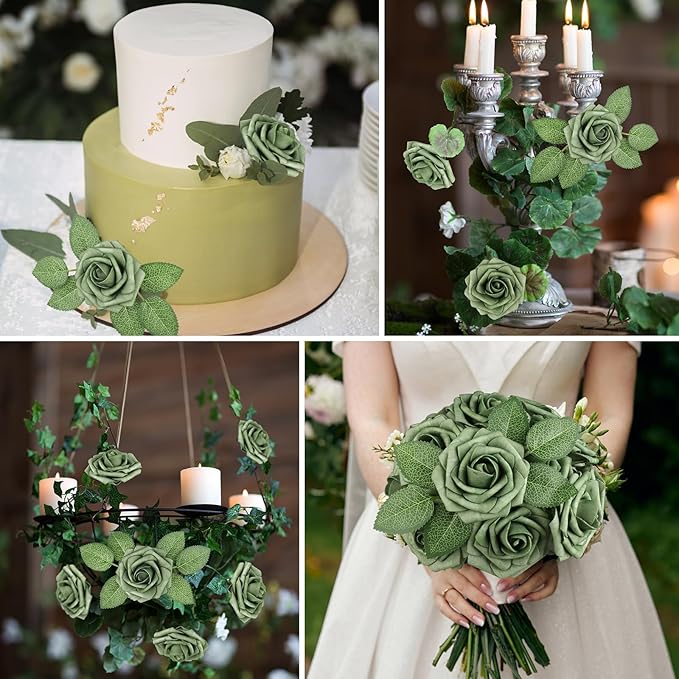 AmyHomie Artificial Flowers Green Rose 25pcs Real Looking Fake Roses w/Stem for DIY Wedding Bouquets Centerpieces Arrangements Party Baby Shower Valentines Day Christmas Tree Decorations