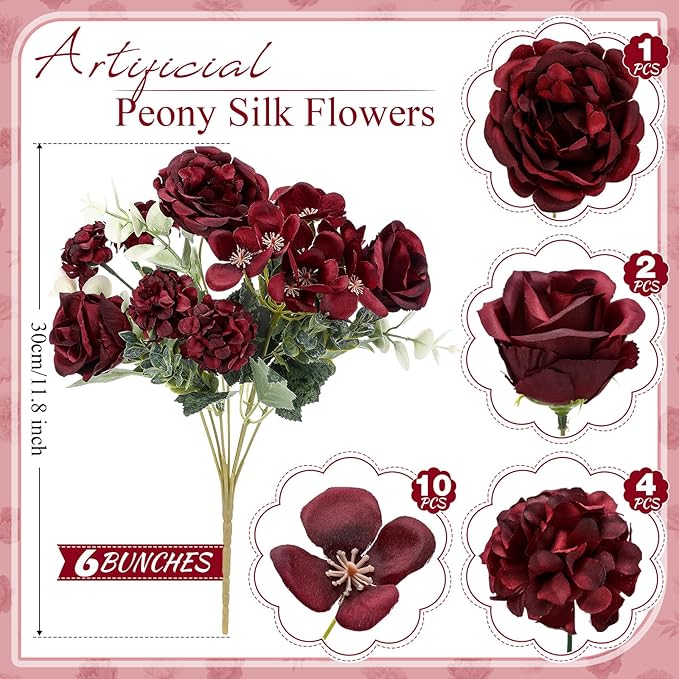 6 Pcs Artificial Peony Silk Florals Fake Mix Silk Peony Rose Faux Flower Hydrangea Bouquet Elegant Realistic Wedding Floral Centerpiece for Home Party Table Arrangement (Red)