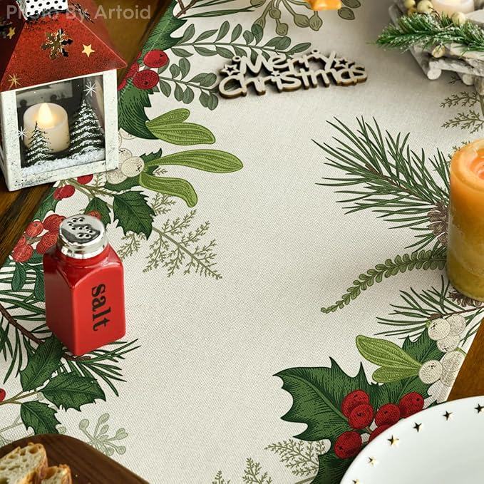 Artoid Mode Holly Pine Cone Christmas Table Runner, Seasonal Winter Kitchen Dining Table Decoration for Home Party Decor 13x36 Inch