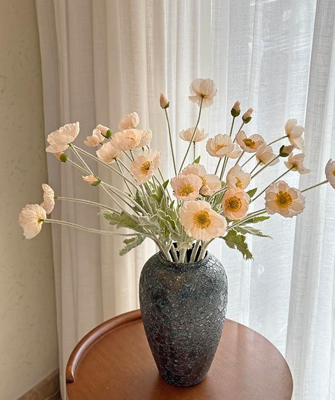 Set of 6 Poppies Flowers Artificial Silk Flowers with Long Stems Faux Wildflowers Bouquet for Vases Oil Pastel Style for Wedding Party Indoor Home Office Decor (Champagne)