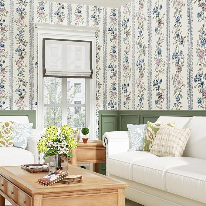 Vintage Floral Wallpaper Peel and Stick Boho Wallpapers 17.5in x32.8ft Blue/Beige Floral Wall Mural Vinyl Removable Self Adhesive Nursery Modern Wallpaper for Bookshelf Cabinets Bathroom Walls