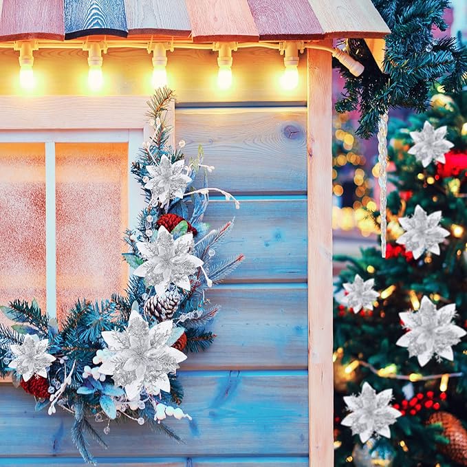24 Christmas Glitter Artificial Poinsettia Flowers Xmas Poinsettia Artificial Wedding Flowers Decorations Xmas Tree Ornaments with Clips for Party Favors, 6 Inch, 4 Inch, 3 Inch (Silver)