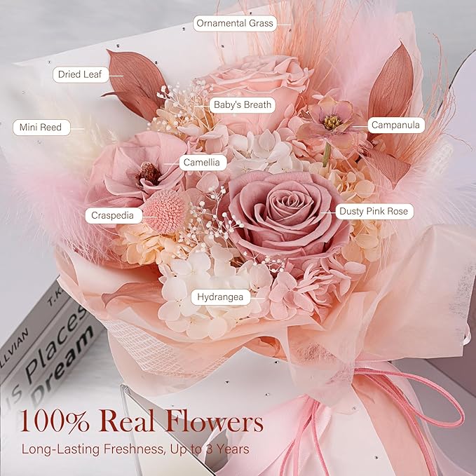 Preserved Bouquet of Flowers - Real Roses & Flowers for Delivery, Long-Lasting Dusty Pink Forever Camellia Flowers, Eternal Roses Bouquet for Mothers, Mom, Wife Anniversary Birthday Gifts for Women