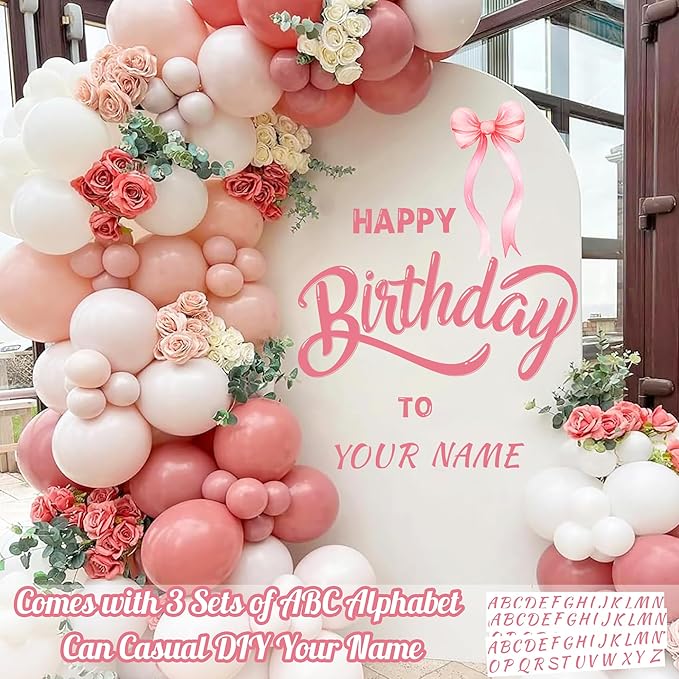 Custom Name Happy Birthday Signs for Backdrop Sweet Girl Birthday Party Vinyl Stickers for Pink Bow Balloon Arch Decoration Women Happy Birthdays Letters Banner Photo Background Sticker Party Supplies