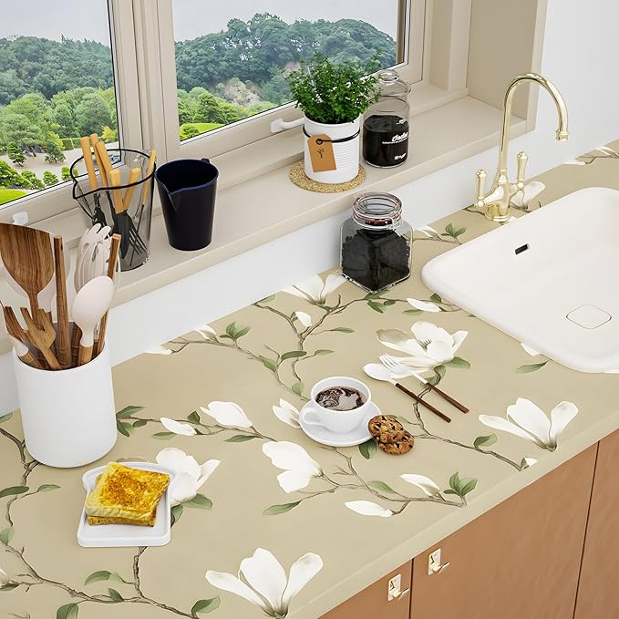 Floral Wallpaper Peel and Stick 17.5in x 32.8ft Vintage Leaf Contact Paper Khaki Magnolia Branches Flower Vinyl Self Adhesive Waterproof Leaf Wall Paper for Bathroom Bedroom Walls Furniture Decor