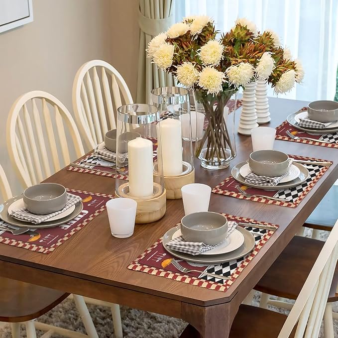 Chef Kitchen Linen Placemats Set of 6 Funny Fat Chef Red Plaid Placemats for Indoor Outdoor Party Home Desktop Dining Room Decor 12x18 Inch