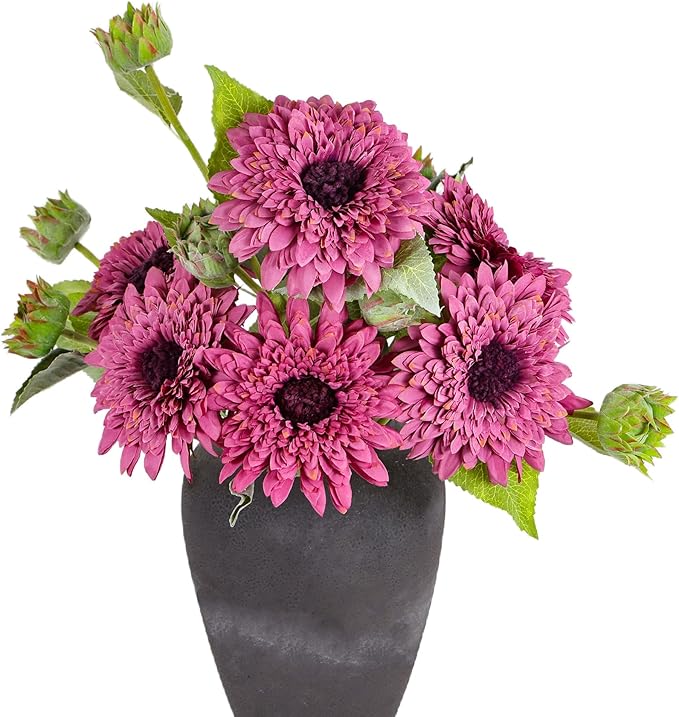 Kimura's Cabin 5Pcs Fake Sunflowers Artificial Silk Flowers Bouquet Long Stems Faux Sunflower Real Touch Chrysanthemum for Wedding Home Garden Birthday Party Indoor Decor(Purple)