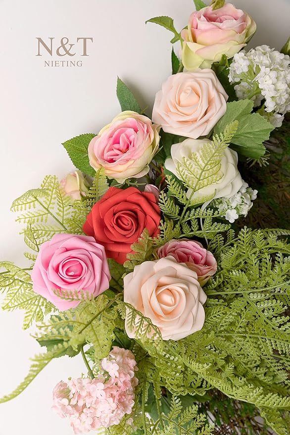 N&T NIETING Artificial Flowers 25pcs Real Looking Artificial Roses with Stems for Valentine's Day Mother's Day Wedding Bridal Bouquet Party Baby Shower Cake Decoration, Series Red