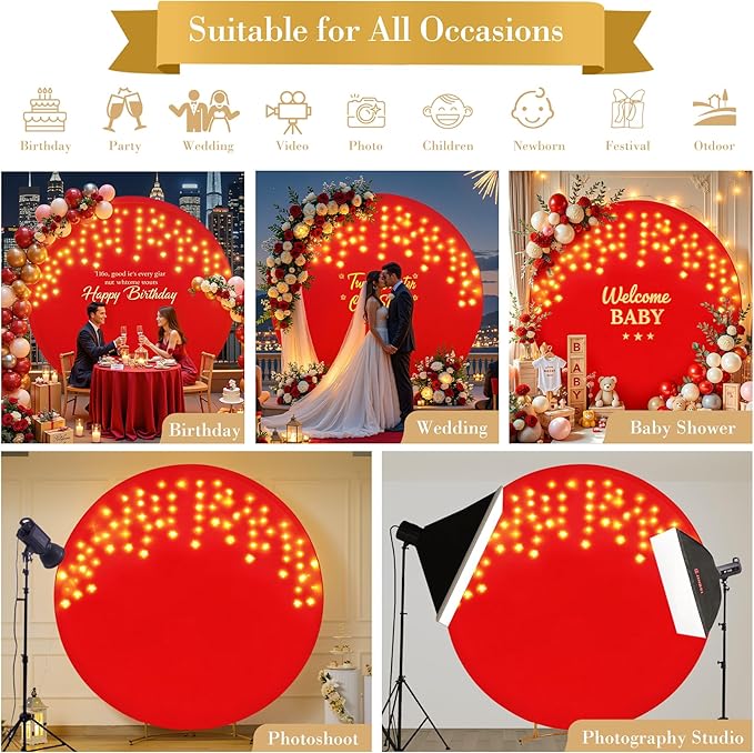 6.6 FT Red Round Backdrop Cover with Lights String for Circle Arch Stand Circle Backdrop Covers with LED Fairy Lights for Wedding Arch Baby Shower Birthday Party Photo Shoot Photography Background