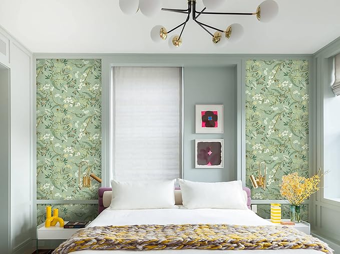 Guvana 16.14"x118"Floral and Leaf Wallpaper Floral Peel and Stick Wallpaper Leaves Contact Paper Colorful Flower Removable Wall Paper for Room Wall Decor(Light Green Background)