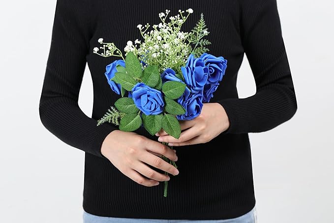 60Pcs Artificial Rose Flowers, Real Looking Fake Roses for Decorations, Foam Rose Bulk with Stems for DIY Wedding Bouquets Floral Arrangements Bridal Shower Party Home Decor (60, Navy Blue)