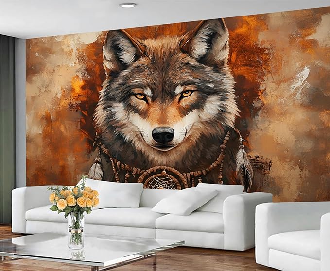 Wolf Dreamcatcher Wall Mural, Tribal Wolf 3D Wall Murals, Feathers Dreamcatcher Animal Totem Wallpaper Mural, for Living Room Bedroom Large Wallpaper Indoor Decor 59" W x39.4 H