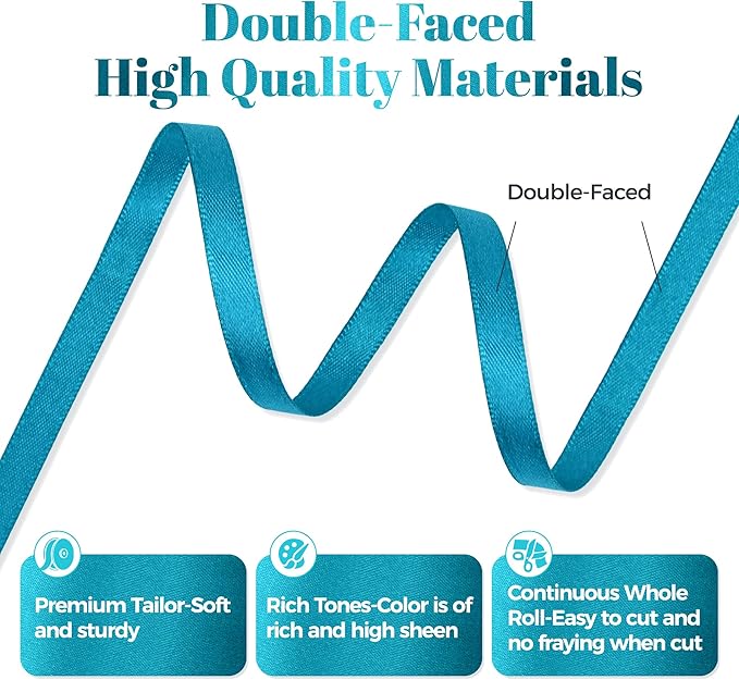 Premium Double Faced Turquoise Blue Satin Polyester Ribbon, 1/4 Inch X 25 Yards, Perfect for Gift Wrapping, Crafts, Wedding Decor, Special Occasions