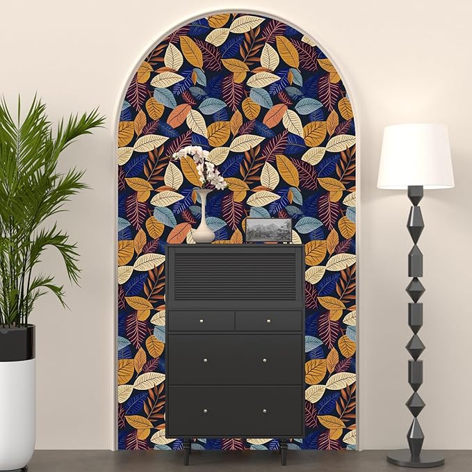 Colorful Leaf Wallpaper Peel and Stick,Vintage Botanical Contact Paper 17.5" x 118",boho leaves Wall Mural Self Adhesive Removable Waterproof for Bedroom Walls Bookcase Drawers Cabinet Table Locker
