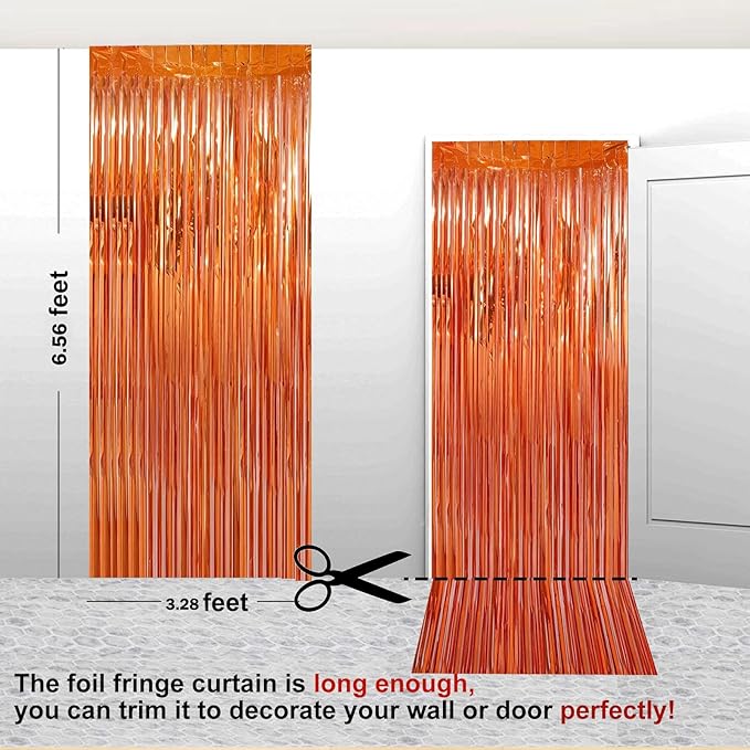 2 Pack 3.28 ft x 6.56 ft Orange Tinsel Curtain Party Backdrop Decorations, Metallic Foil Fringe Backdrop Door for Halloween, Christmas, Birthday Graduation Wedding Party Streamers Photo Backdrop.