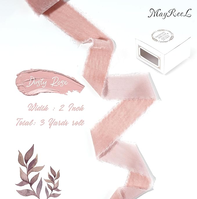 MAYREEL Dusty Rose Velvet Ribbon 2 Inch Hand Torn Pink Silk Frayed Edge Ribbon for Valentine's Day Bridal Bouquets Invitations Wedding Vow Books Gift Baskets Hair Bows 3 Yards