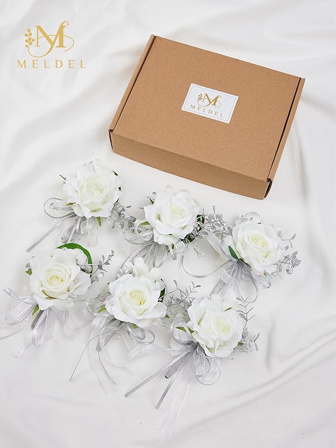 Meldel White Boutonniere for Men, Set of 6, Groom Groomsman Boutonnieres for Wedding, Suit Flower Silver Rose Corsage for Prom Graduation Ceremony Engagement Anniversary