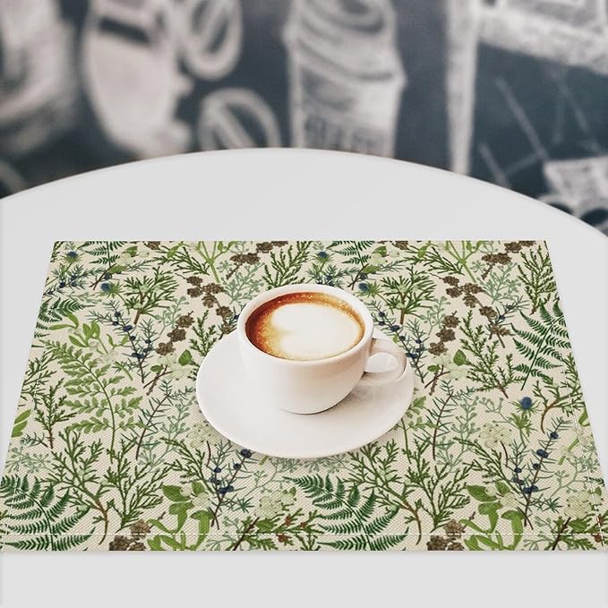 Retro Botanical Placemats Set of 4, 17x12 Inch Rustic Farmhouse Green Leaves Vintage Plants Aesthetic Table Mats for Home Party Kitchen Dining Decor