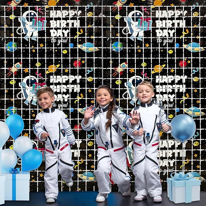 Astronaut Birthday Party Decorations 2 Pack Outer Space Foil Fringe Curtains 3.28 x 6.56Ft Space Tinsel Curtain Backdrop Black Photo Booth Backdrop for Kids Boys Girls Galaxy Birthday Baby Shower