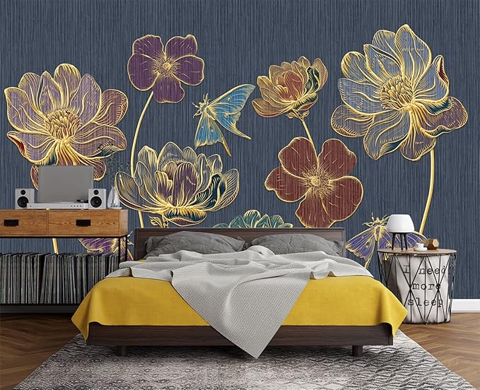 Embossed Golden Flower 3D Wall Mural Wallpaper for Bedroom 178" x 117"