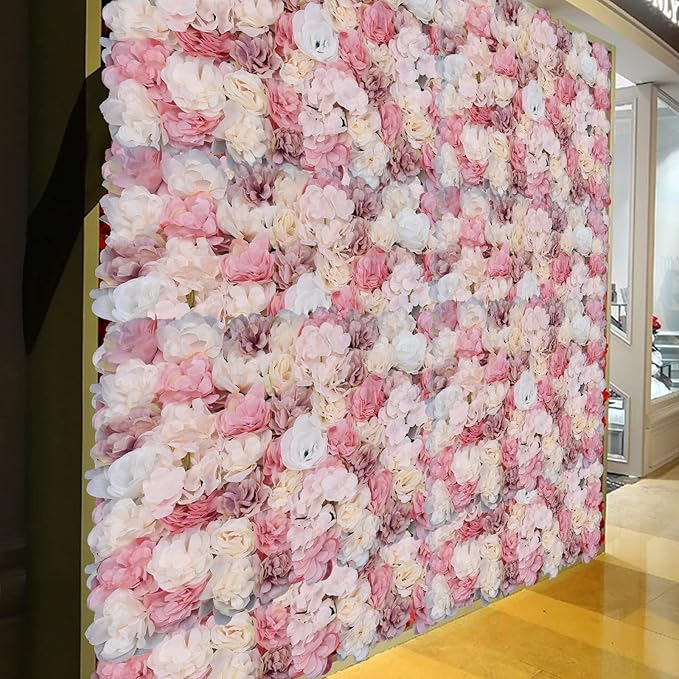 Flower Wall Panel Set, Artificial Wall Flower Backdrop,Artificial Flower Wall Mat Silk Rose Flower Panels,Hydrangea Rose Floral Panel for Party Wedding (12Pcs), LZ-290906