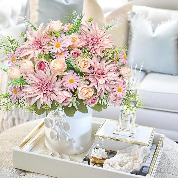 4PCS Artificial Flowers Dahlia Bouquet Fake Flowers Purple Silk Roses Daisies Faux Floral Arrangements for Dining Table Centerpieces for Kitchen Bridal Bouquet Wedding Party Home Decor