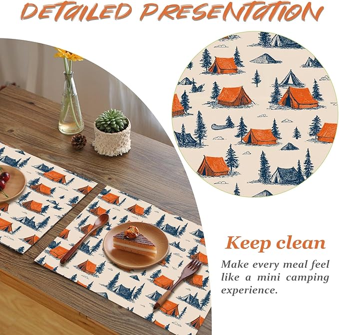 Tent & Pine Tree Dining Room Table Set for 4 Linen Fabric Washable Placemats Set of 4 Table Mats Table Place Mats Picnic Kitchen and Dining Decor for Indoor