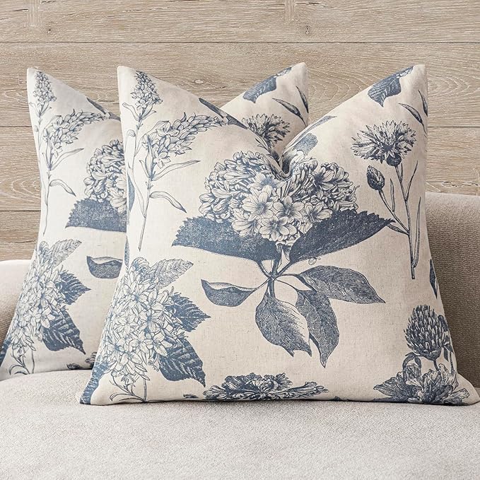 Foindtower Set of 2 Linen Floral Vintage Throw Pillow Covers Neutral Accent Print Decorative Cushion Covers Farmhouse Boho Home Decor for Sofa Chair Couch Bedroom Living Room,20×20 Inch,Blue