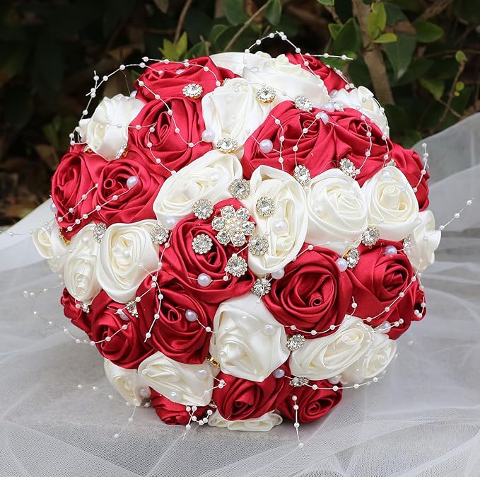 Bridal Wedding Bouquet Round Bling Brooch Bouquet Throw Toss Artificial Rose Flower Bunch for Bride Bridesmaid Wedding Quinceanera(Ruby Red & Ivory, 6.3")