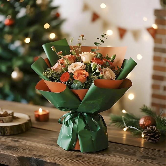 LeZakaa 20 Sheets Christmas Flower Wrapping Paper, Retro Green and Bronze Gold Design Waterproof Reversible Floral Bouquet Paper, for Valentines, Mothers Day, Party, Birthday, Wedding, Baby Shower
