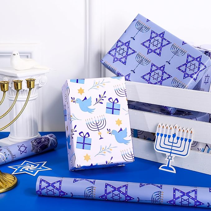 WRAPAHOLIC Hanukkah Wrapping Paper Roll - Mini Roll - 3 Rolls - 17 Inch x 120 Inch Per Roll - Menorah Lights, the Star of David and Dreidels Design