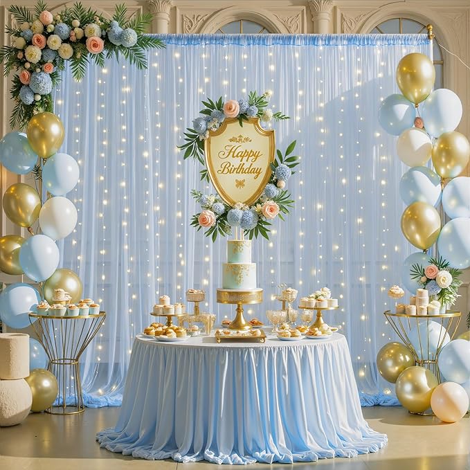 10ft x 8ft Baby Blue Tulle Photo Backdrop Curtain with Lights String for Parties Wedding Sheer Blue Curtain Backdrop for Birthday Party Baby Shower Boy Photo Booth Photography Background Decorations