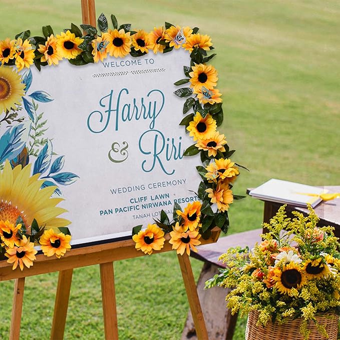 2 Pack Sunflower Garland Decorations,7.5ft Artificial Silk Sunflowers,Fake Vines with Green Leaves Hanging Flower Garlands for Birthday Party Backdrop Wedding Table Decor
